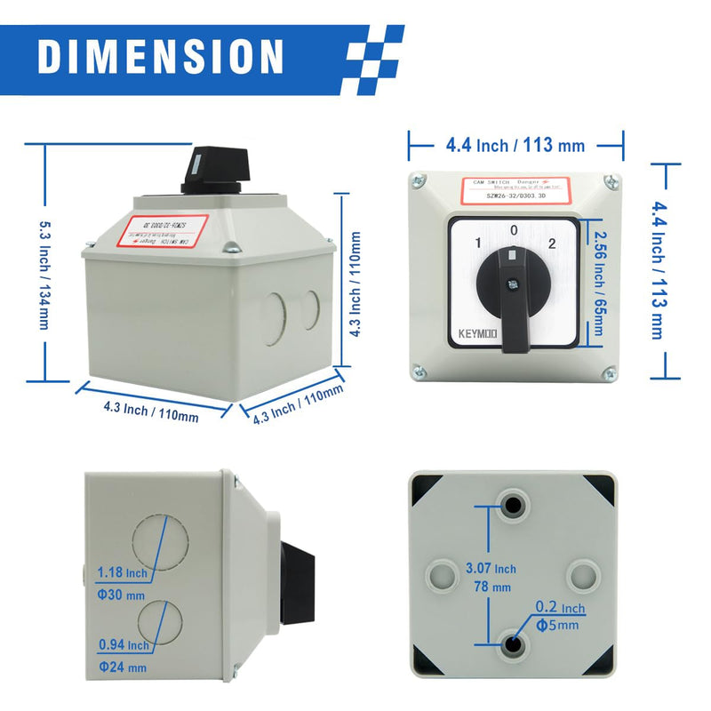 32A Rotary Changeover Switch With Exterior Box, 3 Position 3 Phase 12 Terminals, 2-Way 3NO 3NC Universal Selector, Cam Switch Box IP65, CE (30 Amp.)