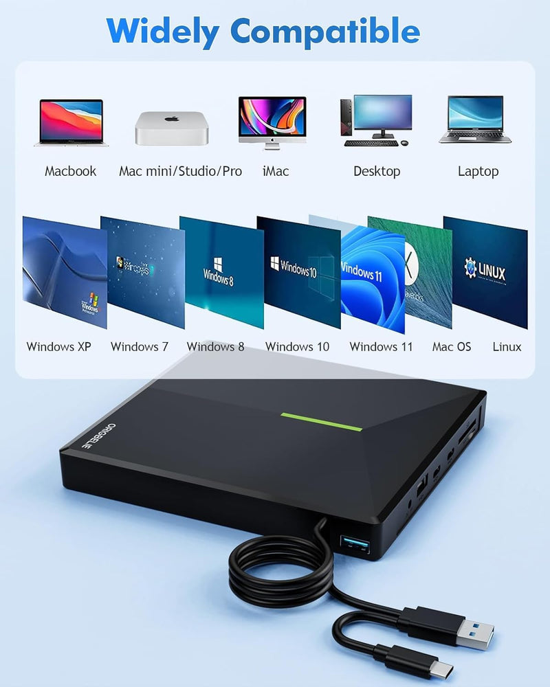 ORIGBELIE External CD/DVD Drive for Laptop, USB 3.0 DVD Player with 4 USB Ports & 2 TF/SD Card Slots, Portable CD/DVD +/-RW Drive Burner Reader Writer for Desktop PC Windows 11/10/8/7 Linux Mac OS RGB Black