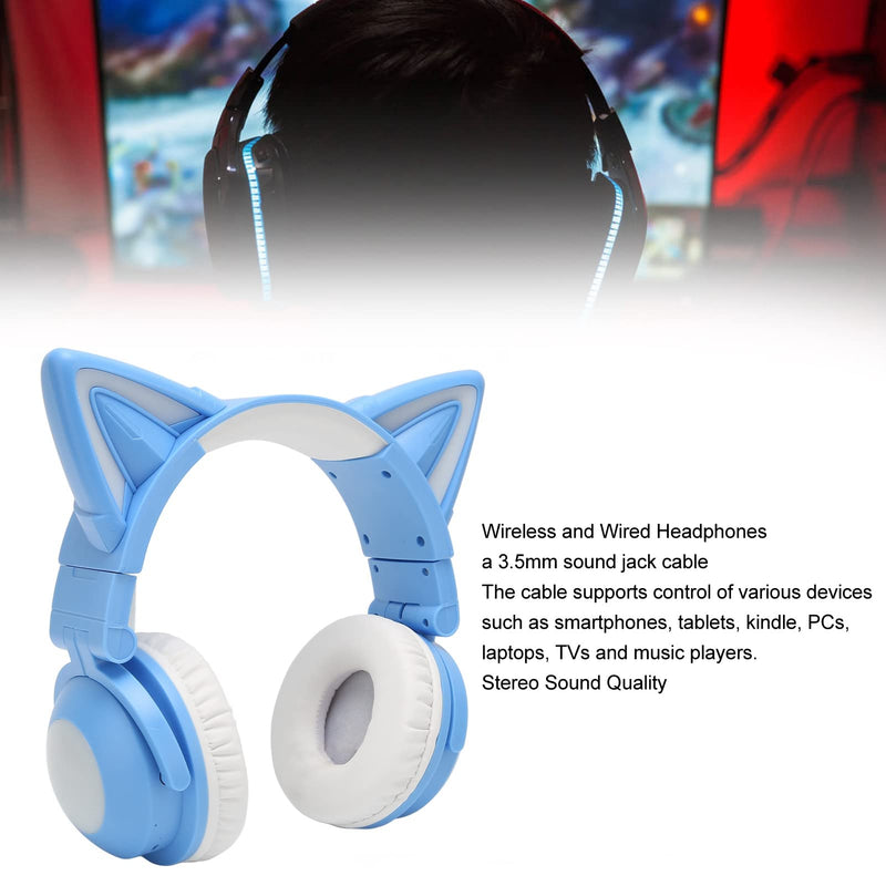 PUSOKEI RGB Cat Ear Headphone, Stereo Cute Gaming Bluetooth Headphones with 3.5mm Cable, Over Ear Cat Adjustable LED Light Foldable Music Headset for Adult Kids Game Music