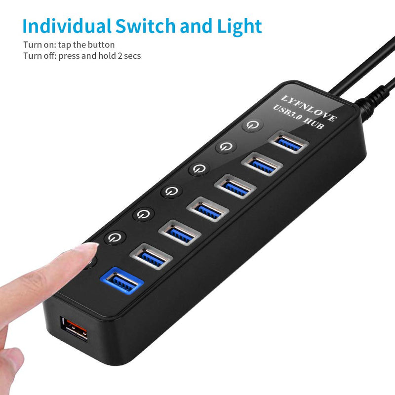 USB Hub 3.0 Powered, LYFNLOVE USB Extender 7-Port Data USB Hub with Power Adapter and 1 Smart Charging Port, USB Splitter with On/Off Switches for MacBook, Mac Pro/Mini, iMac, Surface Pro Laptop/PC