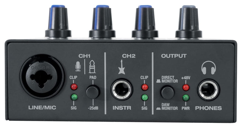 Rockville Rock-U MINI 2x2 USB Computer Recording Interface 24 Bit 192Khz Home Studio, Black