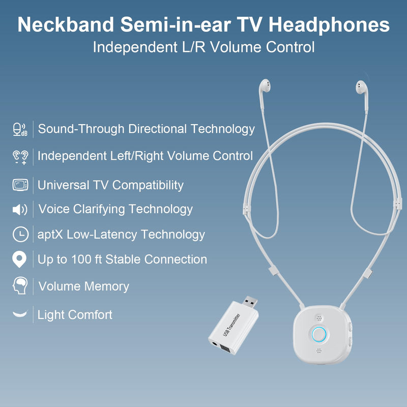 Neckband Earbuds with Independent L/R Volume Control, AptX LL, 100 ft Range, Large Buttons TV Headphones Wireless for Seniors Hearing, Semi-In-Ear Headphones Compatible USB/Optical/RCA/3.5mm Audio Out