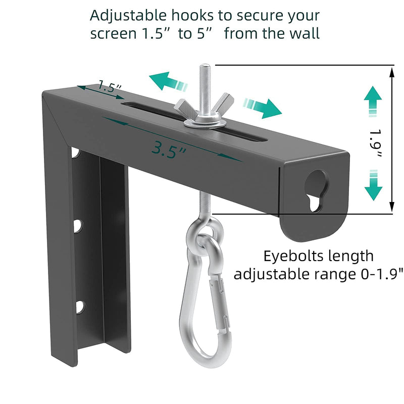 Black Universal Projector Screen L-Bracket Wall Hanging Mount 6 inch Adjustable Extension with Hook Manual, for Wall or Ceiling Mount Home Projector and Movie Screens, 80 Lb Capacity Each