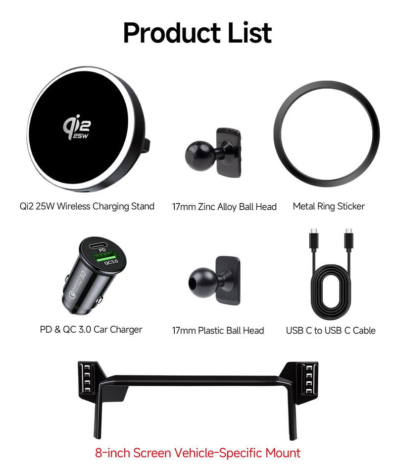 Qi2.2 25W Wireless Charger Car Phone Mount for Toyota Tacoma 2024-2026 | 4Runner 2025 2026, 8" Screen Magsafe Accessories Fast Charging Magnetic Cell Phone Holder Clip Compatible with iPhone Android