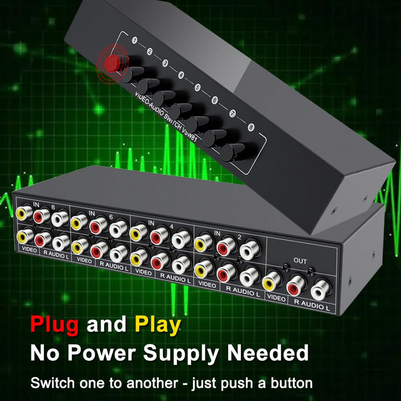 RCA AV Switch 8 in 1 Out Composite Video L/R Audio Switcher Selector Box