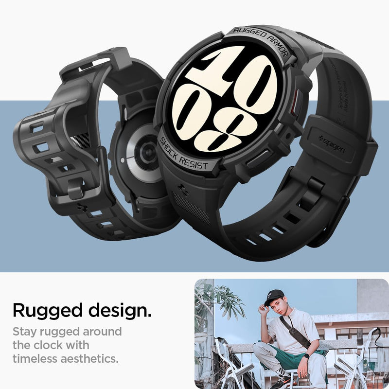 Spigen Rugged Armor Pro Case with Band and S353 Charger Stand Designed for Samsung Galaxy Watch 6 44mm - Black