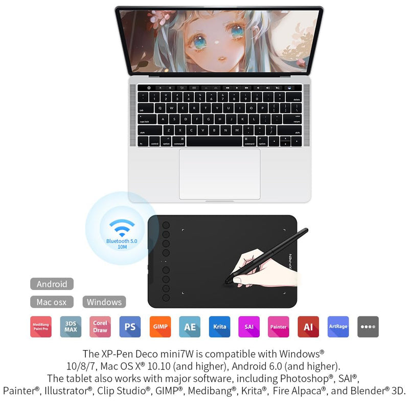 Drawing Tablet-XPPen Deco mini7W 7 x 4 inch Bluetooth 5.0 Graphic Tablet Pen Tablet with 16394 Levels Pressure,for Online Teaching/E-Learning Compatible with Window/Mac/Android/Chrome/Linux 7 Inch