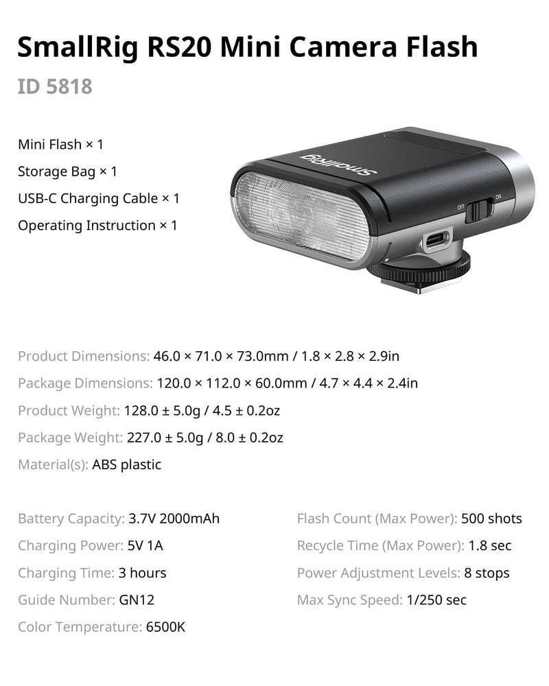 SmallRig RS20 Mini Portable Camera Flash for Sony for Canon for Nikon | GN12 Speedlight, 2000mAh, OLED Screen, 500 Full-Power Flashes/1.8s Recycle/6500K, A/M Mode 8-Level 1/1-1/128 -(Silver) 5818 Silver