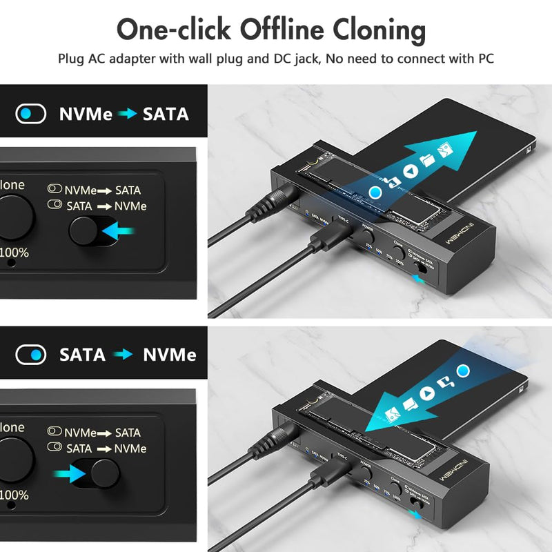 M.2 NVMe SSD Enclosure Adapter, 10Gbps SATA & M.2. NVMe Dual Bay Offline Clone USB-C Adapters Supports 3.5"/2.5" SATA SSD, Type-C Standalone Clone Duplicator Solid State Drive