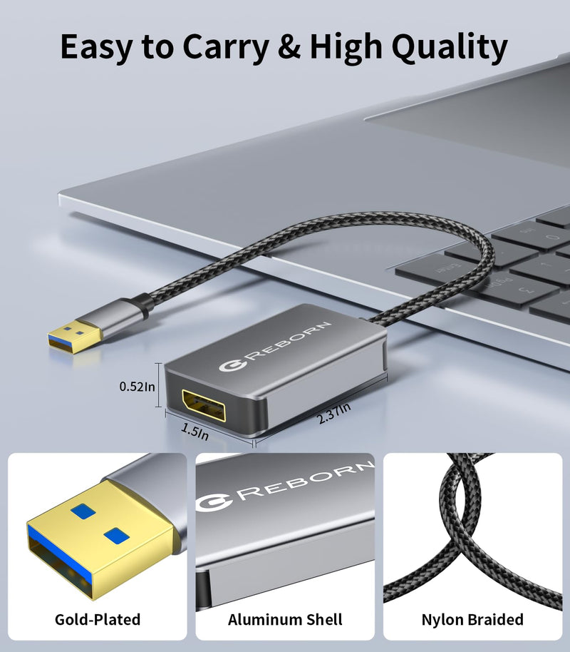 Reborn USB 3.0 to DisplayPort Adapter, 1080P@60Hz for Laptop | USB 3.0 Male to DisplayPort Female Converter Suitable for MacOS, Windows 7/8/10/11 - Driver installation is required