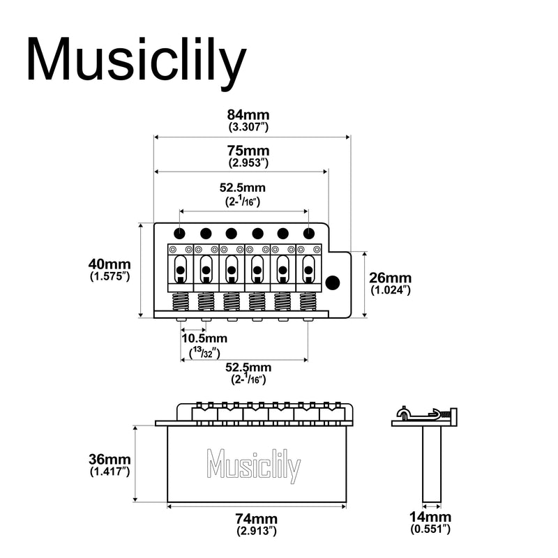 [AUSTRALIA] - Musiclily Pro 52.5mm Vintage 6-Screw Tremolo Bridge 36mm Solid Brass Block for Squier Strat Style Electric Guitar, Black 