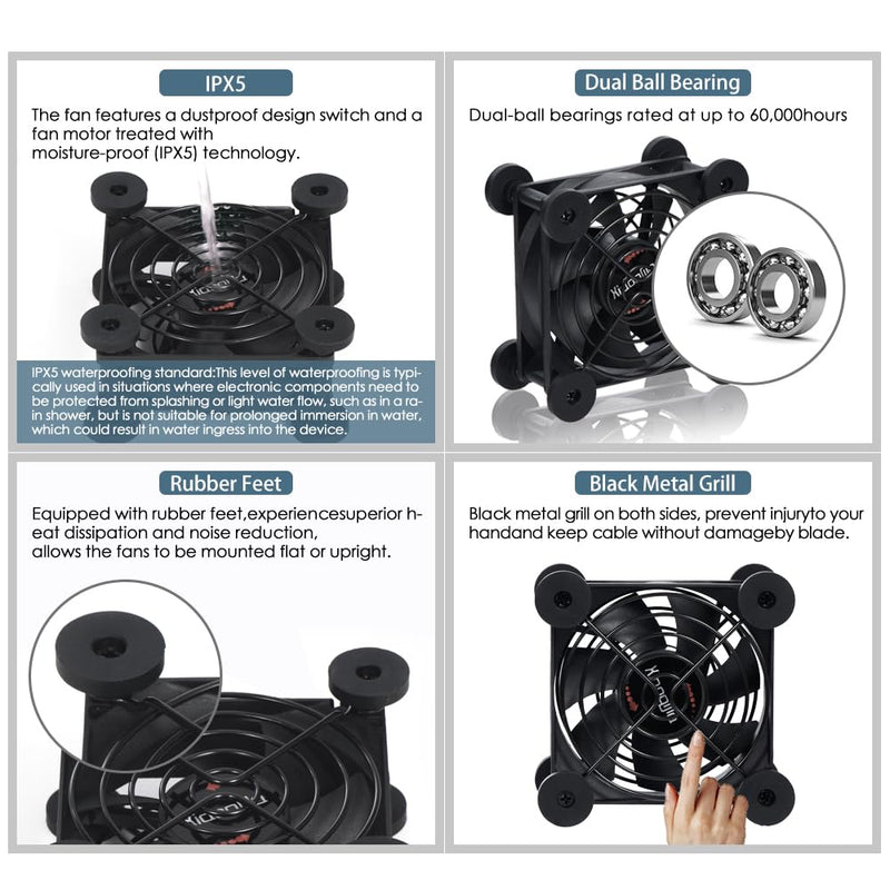 Dual 80mm Fan, 10 Speed USB 5V DC 12V IPX5 Waterproof Portable Cooling Fan for Tablet, TV, Receiver, Router, DVR, Xbox, Greenhouse, Kennel, Computer Cabinet, Component Coolin