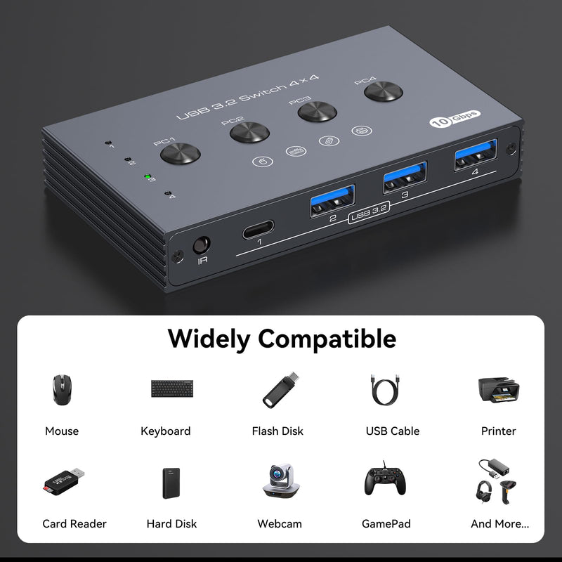 [AUSTRALIA] - USB 3.2 Switch 4 Computers Share 4 USB Devices 4 Port USB Switcher for Mouse Keyboard Scanner Printer with Remote and Cables USB 3.2 4 PC dark gray 