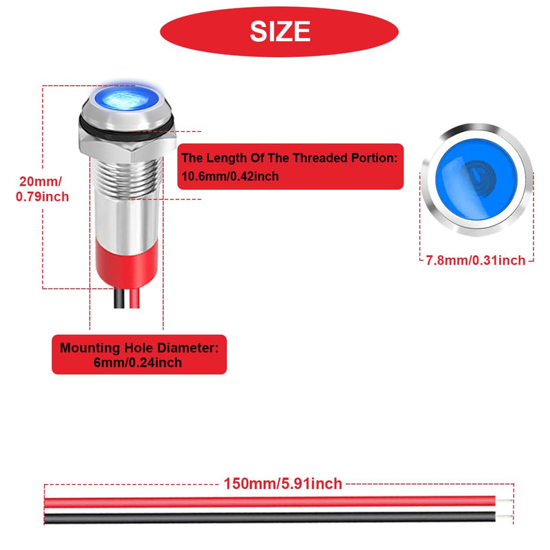[AUSTRALIA] - 5Pcs 6mm DC 12-24V Red/Yellow/Blue/Green/White LED Metal Indicator Light Waterproof Signal Lamp with 150mm Cable Length Metal LED Indicator Light and Wiring Cap for Car Interior Trucks Boats 