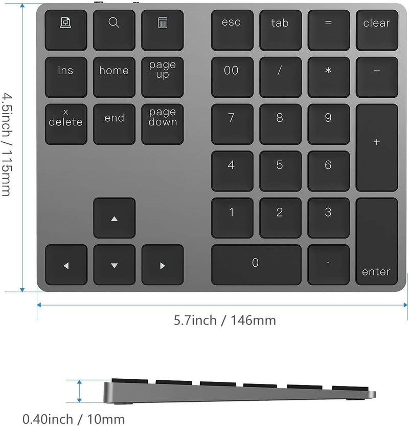 Lekvey Bluetooth Number Pad, Aluminum Rechargeable Wireless Numeric Keypad | Slim 34-Keys for Macbook, MacBook Air/Pro, iMac, Laptop, Windows, Surface Pro etc, External Numpad Keyboard Data Entry, Black Bluetooth - Black
