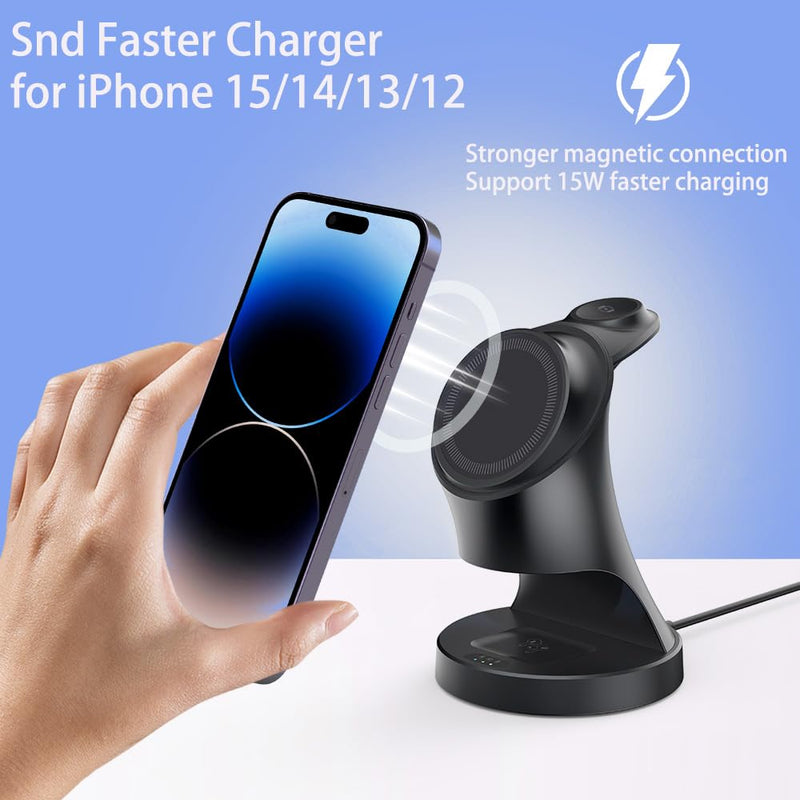 Wireless Charger,3 in 1 Magnetic Wireless Charger Stand, Fast Wireless Charging Dock for iPhone16/15/14/13/12 Series, Apple Watch Series, AirPods Pro. Black