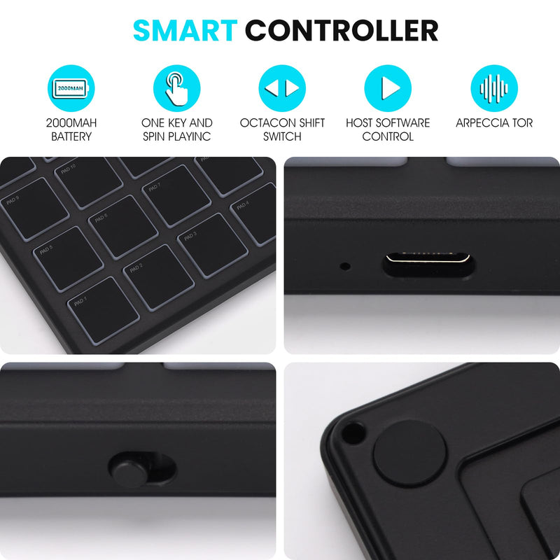 M-VAVE Wireless MIDI Controller Pads, 4.1 * 4.1 Inch, 0.28 LBS, Bluetooth Portable USB with 16 Drum, Note Repeat, Full Level Buttons, Rechargeable battery (Black Pocket)