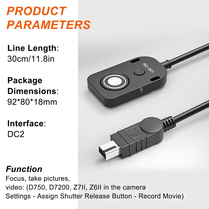 for NK Remote Cable RC301-DC2 Small Shutter Release Remote controlDF,Z5.Z6.Z6II,Z7,Z7II,D7100,D7200,D750,D600,D610,D90 D5600,D5300,D3300 Short Button (RC301-DC2 NK 11.8in/30cm) RC301-DC2 NK 11.8in/30cm