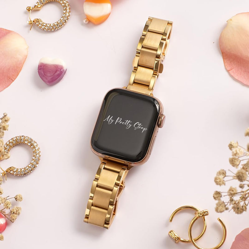 Compatible Apple Watch Band for Women, Stainless Steel- Fits Most Wrists | Series 1-11, SE and Ultra- iWatch Replacement Strap, Easy Resizing- No Tool Needed- Metal Fashion Watch Band Slim Glazé Gold 38MM / 40MM/ 41MM / (Series 10& 11 - 42 MM)