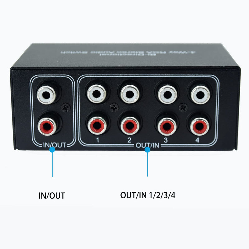 [AUSTRALIA] - No External Power No Noise 4 Way 1 in 4 Out or 4 in 1 Out Audio Sound selector RCA Female Stereo 4 Channel Splitter switcher Box Switching AL-4way-rca 