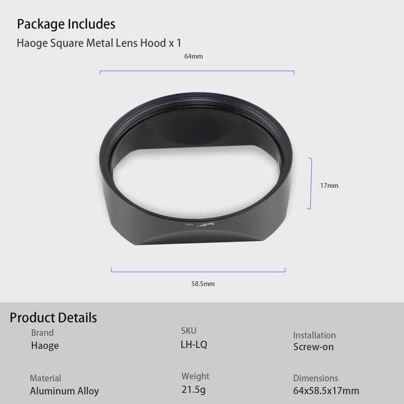 [AUSTRALIA] - Haoge Metal Square Lens Hood for Leica Q3 Q3-43 Camera Accessories Black LH-LQ343B Black Square for Q3/Q3-43 