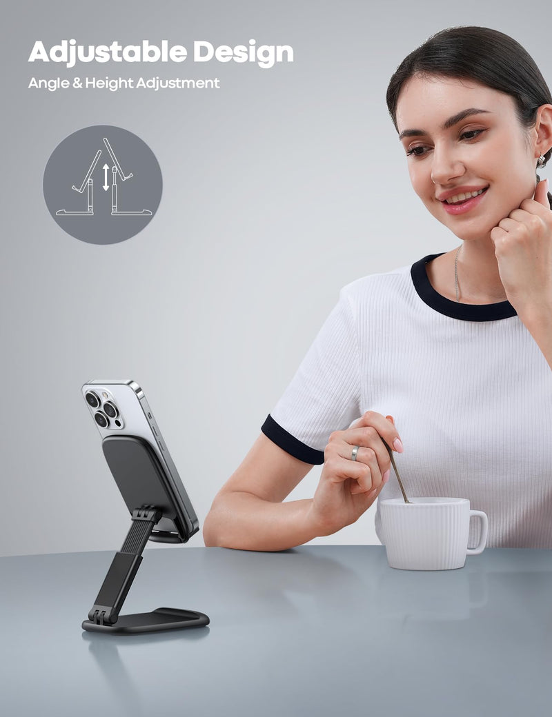 Lamicall Foldable Phone Stand for Desk - Height Adjustable Cell Phone Holder Portable Cellphone Cradle Desktop Dock Compatible with iPhone 15 14 13 Pro Max Mini, 12 11 XR X 8 7 6 Plus SE, Smartphone 1-Black