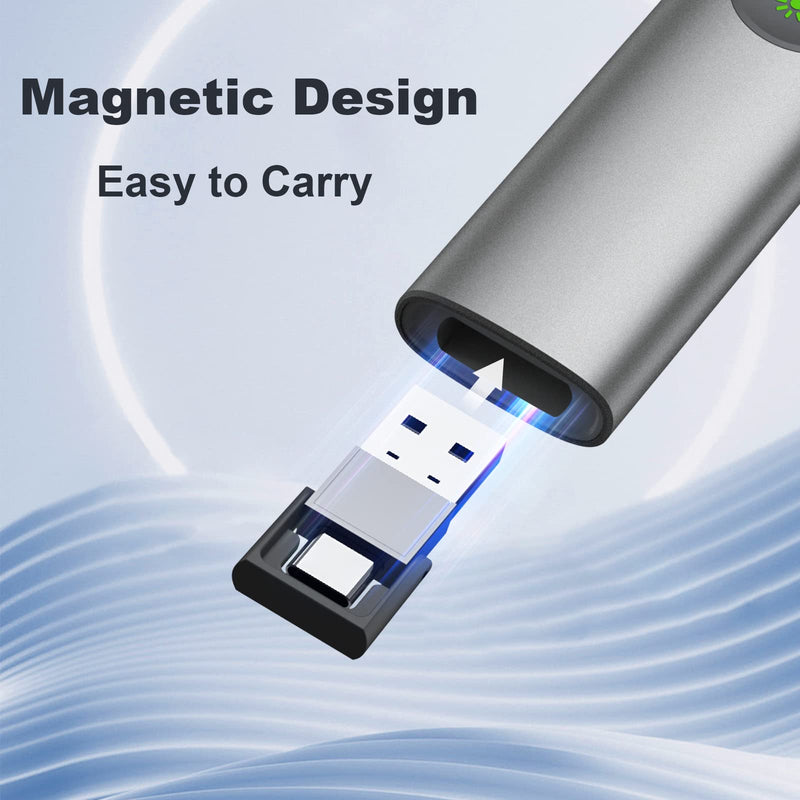 Aluminum Alloy Presentation Clicker with Green Laser Pointer | 2‑in‑1 USB/Type C Receiver Wireless Presenter Remote PowerPoint Clicker for Computer Laptop/PPT/Google Slides/Windows/Mac Metal 02 Green Laser