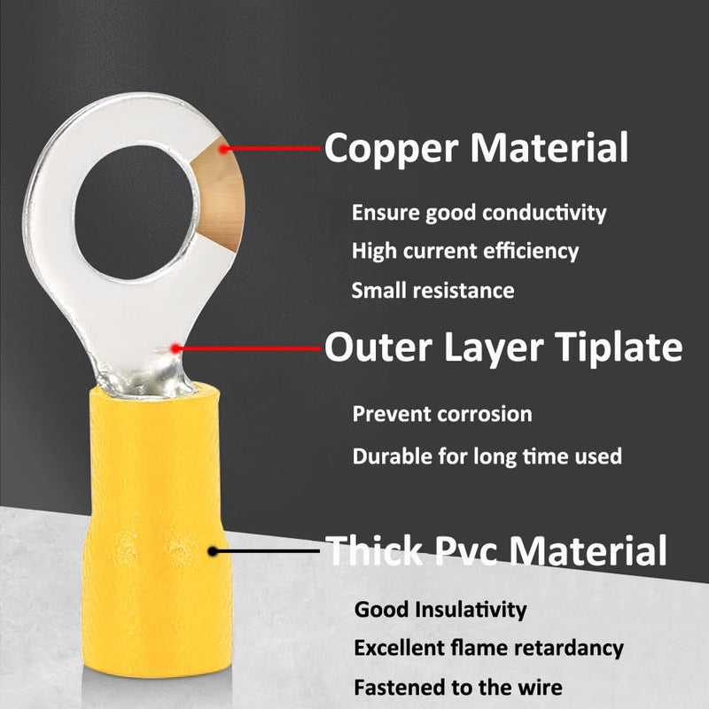 ETOPARS Pack of 100 Yellow M6 Ring Cable Lugs Copper 6.4 mm Hole Ring Cable Lugs 10-12AWG Insulated Electrical Connection Terminal Cable Connector Crimp Connectors M6 Loch Yellow 12-10awg