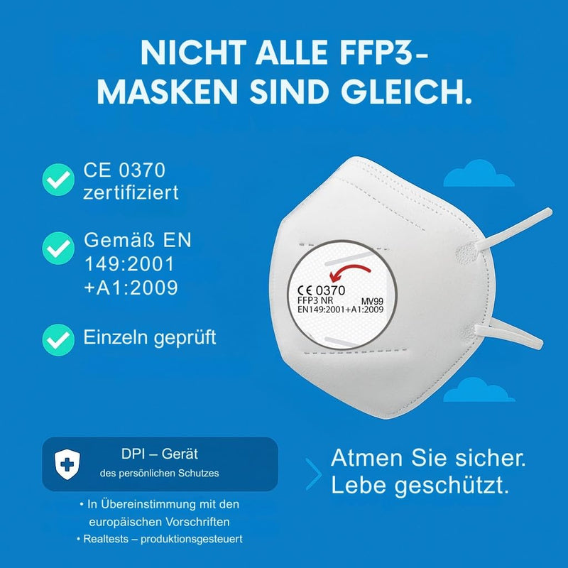 50 FFP3 Mouth and Nose Protection Mask with EC Certification, 5-Layer Mask without Valve, Dust and Particulate Protection Mask, Medical Protective Mask with High PFE Filter Efficiency ≥ 99, 50