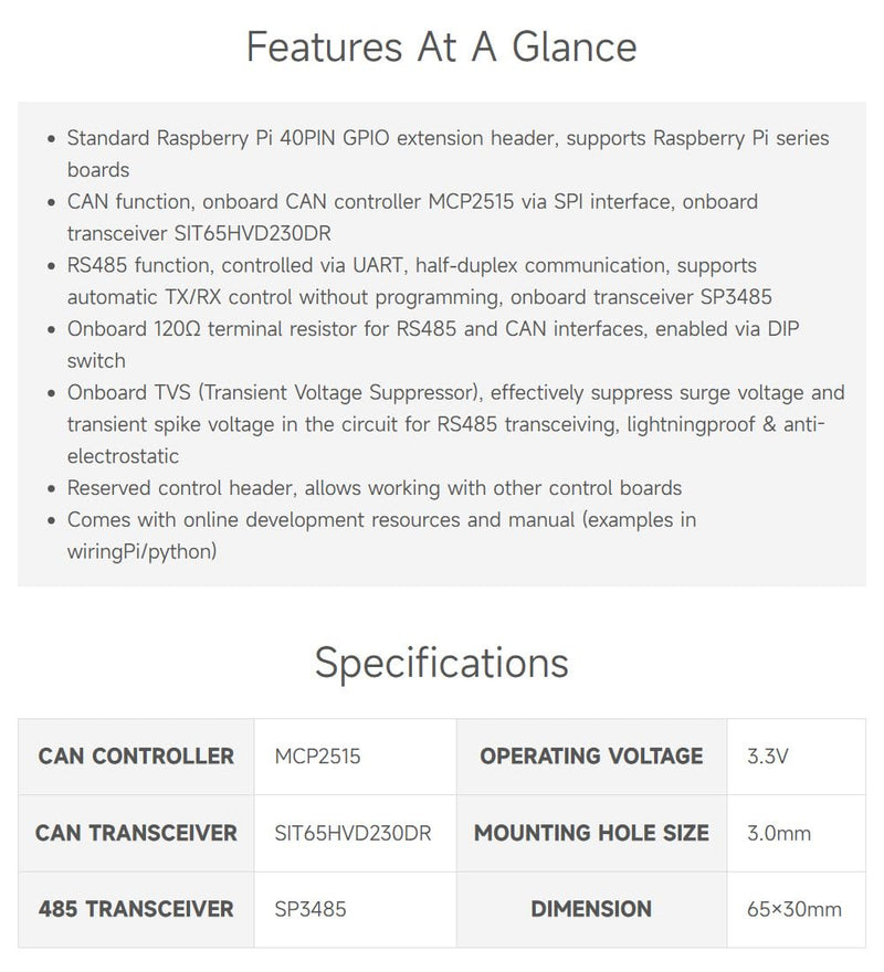 [AUSTRALIA] - Waveshare RS485 CAN HAT Supports Raspberry Pi Series Boards Allows Stable Long-Distance Communication 