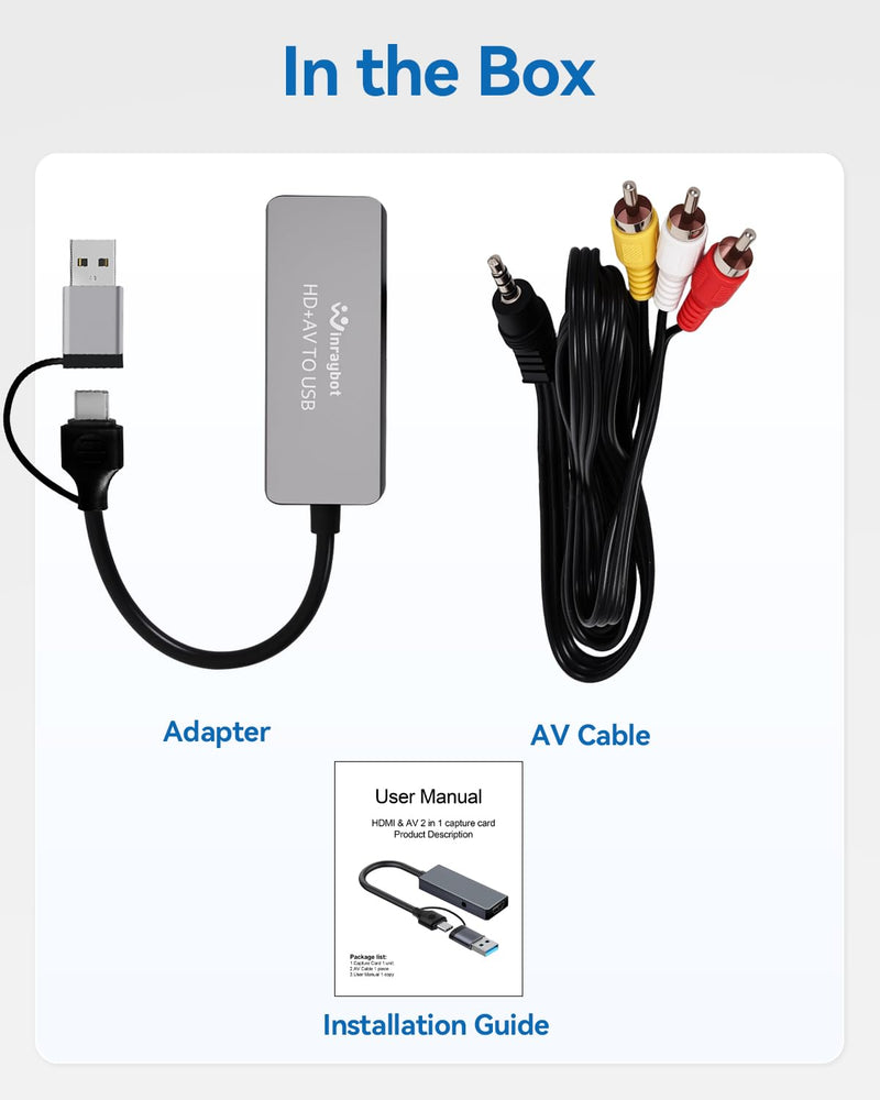 [AUSTRALIA] - VHS to Digital Converter, Video Capture Card for VHS/DVD/HI9/AV/Wii, RCA to USB Converter Analog to Digital Adapter for Saving Old Memories RCA/S-Video/HDMI Input (USB-A+USB-C) USB A+USB C 