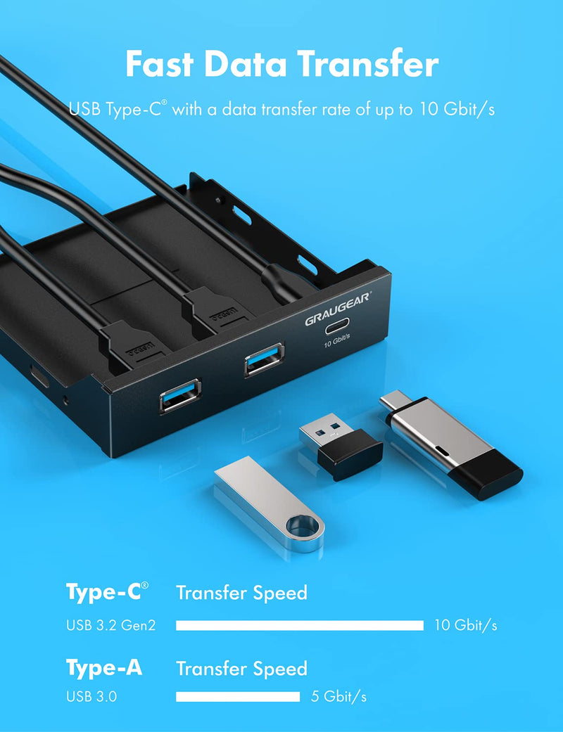 GRAUGEAR 3.5 Inch Front Panel Hub, Internal Multi USB Slots of USB 3.2 Gen 2 USB-C and 2 USB 3.0 Ports, 20-Pin USB 3.2 Key-A Header Required, Fits 3.5" PC Computer Case Front Bay [G-MP01]