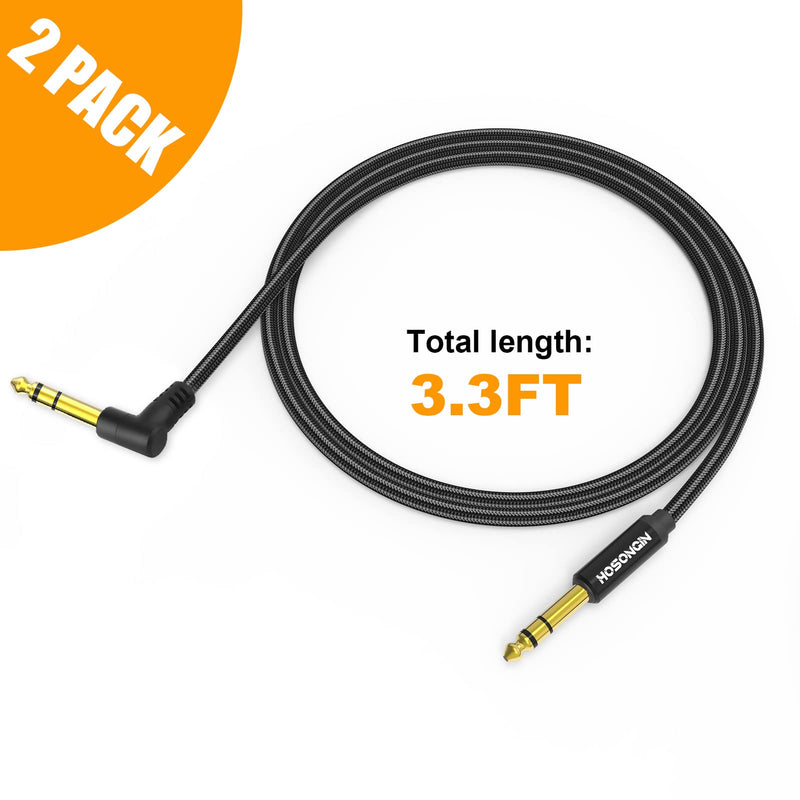 HOSONGIN 1/4 Inch TRS Instrument Cable 3.3 feet 2-Pack, Straight-to-Right Angle 6.35mm Male Stereo Audio Cord, Balanced Interconnect Line for Electric Guitar, Bass, Keyboard, Mixer, Amplifier, Speaker 1/4" TRS Stereo Cable