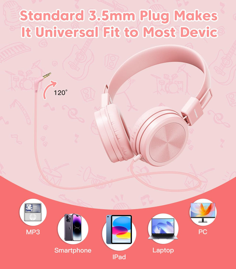 [AUSTRALIA] - Kids Headphones, Toddler Headphones with Safe Volume Limiter 94dB, Wired School Headphones for Kid, 3.5mm Adjustable On-Ear Headphones for Boys/Girls/Children/Teens/iPad/Computer, Light Pink Plug 3.5mm 