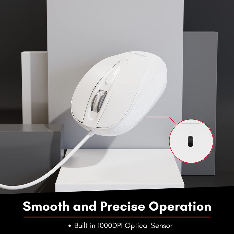 Macally USB Wired Mouse with 3 Button, Scroll Wheel, & 5 Foot Long Cord, USB Mouse for Laptop and Desktop, Computer Mouse Compatible with Apple Macbook Pro / Air, iMac, Mac Mini, & Windows PC (TURBO)