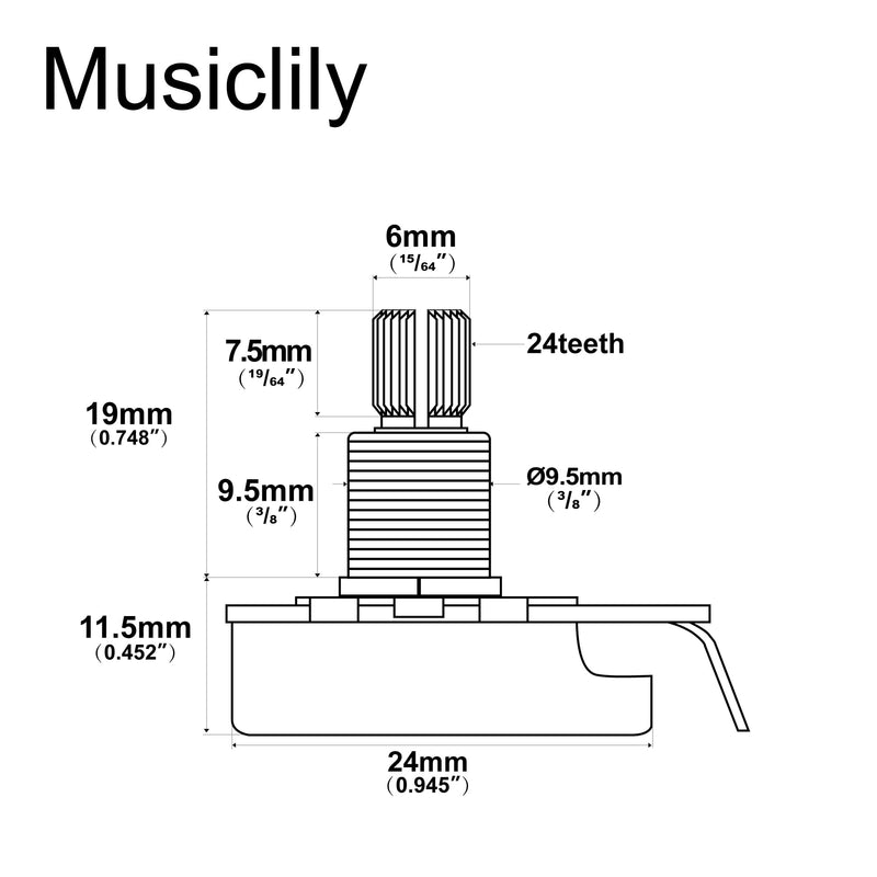 Musiclily Pro HD A25K Pots Brass Standard Split Shaft 3/8 Inch Audio Taper Potentiometers for Active Pickups Electric Guitar Bass (Set of 10) A25K 3/8 inch