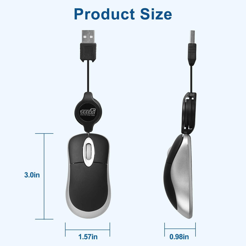 EEEKit 2 Pack Mini Retractable Cable Wired USB Optical Mouse, USB Mini Mouse, Compact USB Mouse for Kids Travel，Mini Mouse for Laptop Apple Mac HP Dell Lenovo Thinkpad Sony Asus Acer Tablet PC Laptop Black