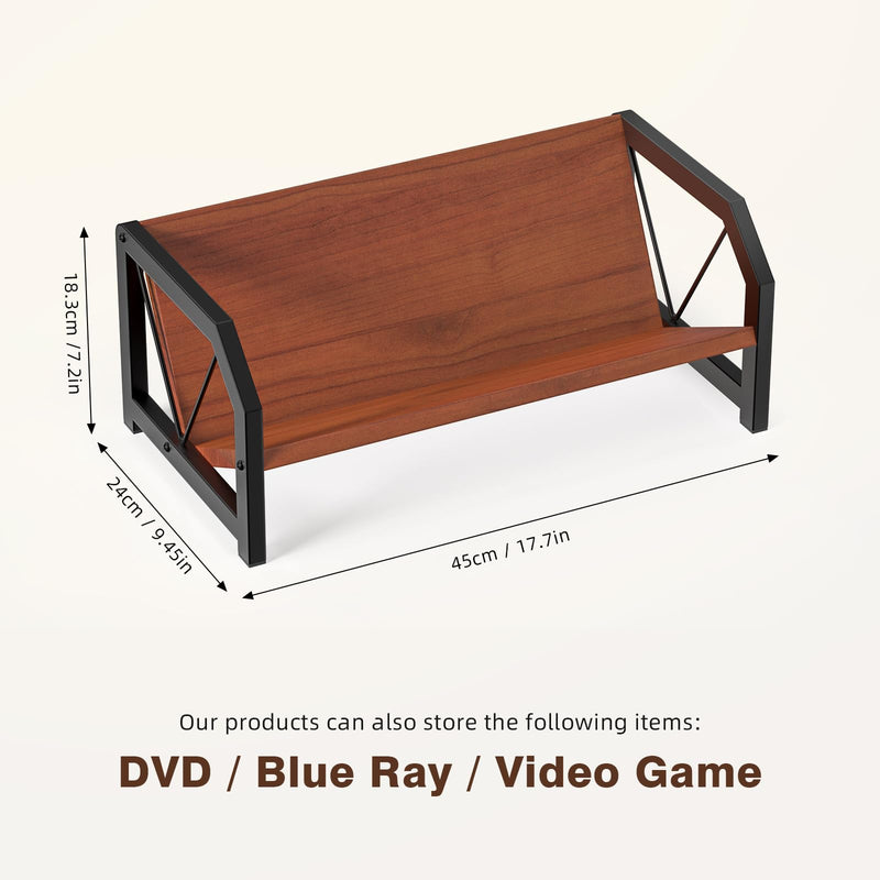 CD Holder Rack, Tilting DVD Storage Shelf for Tower Small Space | Store Up to 38 CDs and 30 DVDs, Desktop Bookshelf Organizer, Easy Acess, Sturdy Metal & Wood Construction, Portable Angle Brown-1 Tier