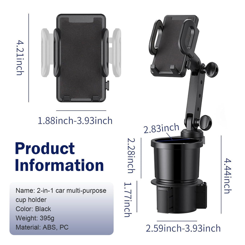 Car Cup Holder and Phone Mount, 2-in-1 Adjustable Multifunctional Insert Mount, Anti-slip Shockproof Extender Base, Interior Accessory for Round Car Cup Holder (Black)