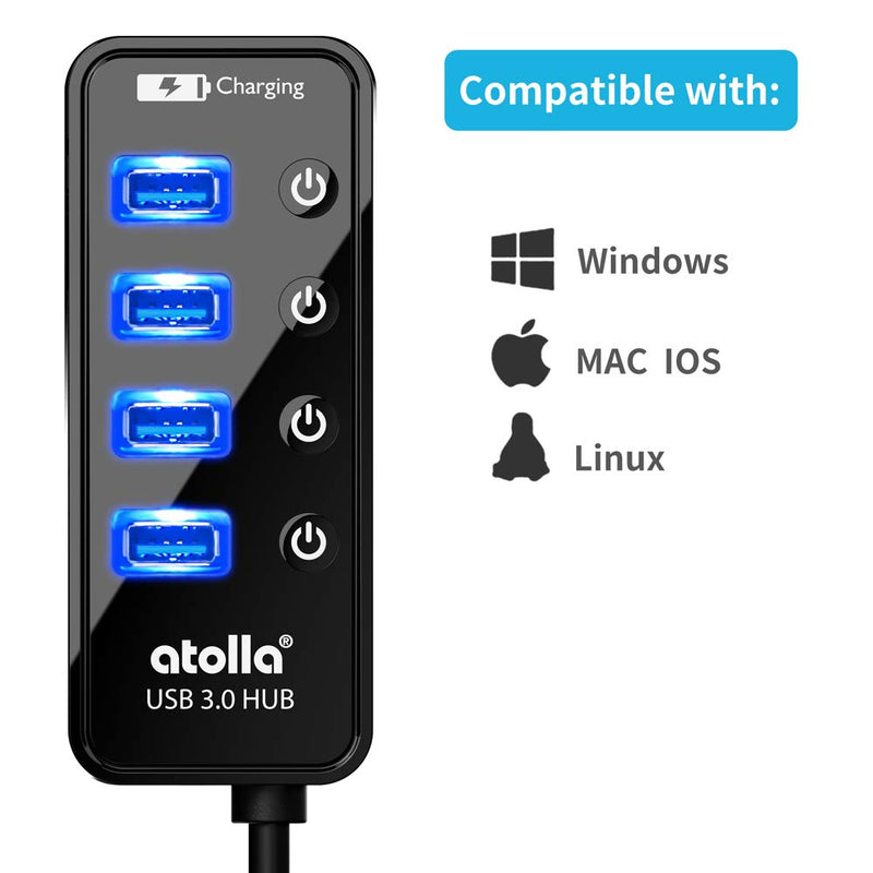 USB 3.0 Hub, atolla 4 Ports Super Speed USB 3 Hub Splitter with On Off Switch with 1 USB Charging Port (Cable Length 2 Feet, No AC Adapter) (4-Port hub)