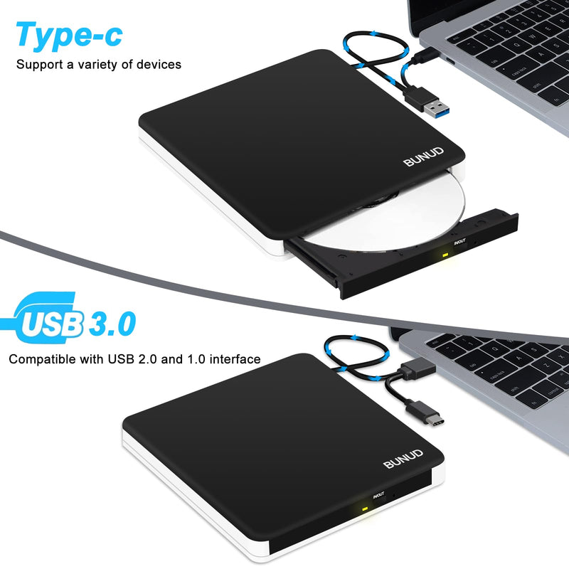 [AUSTRALIA] - BUNUD External DVD Burner USB-C: Portable DVD External Drive for Apple Superdrive with 2 USB and TF/SD Slots - Plug & Play CD Drive External for Mac Laptop Windows 11 Black 