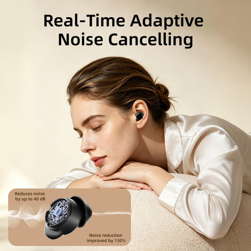 NE92 Sleep Ear Buds Adaptive Noise Cancelling Earbuds Bluetooth 6.0 Wireless Headphones 40H Playtime Hi-Fi Stereo Sound Mini Invisible Earplugs for Side Sleepers Small Earphones for Work/Hiking/Travel Black