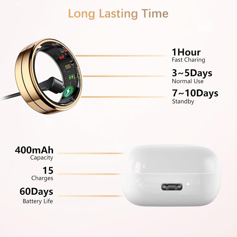 Fit Ring for Women Men, Health Tracker with Heart Rate, Blood Oxygen, Heart Rate Variability, Stress, Sleep Monitor, Step Counter, Smart Ring for iPhone & Android, No Subscription Fee (Gold, 8#)