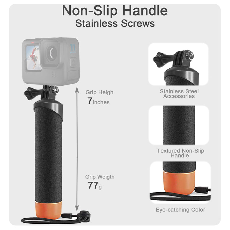 FitStill Waterproof Monopod Floating Hand Grip Snorkeling Selfie Pole Stick +Steel cored Safety Wrist Strap Rope for Go Pro Hero 12/11/10/9/8/7/6/5 Max Session DJI Osmo and Other Action Cameras