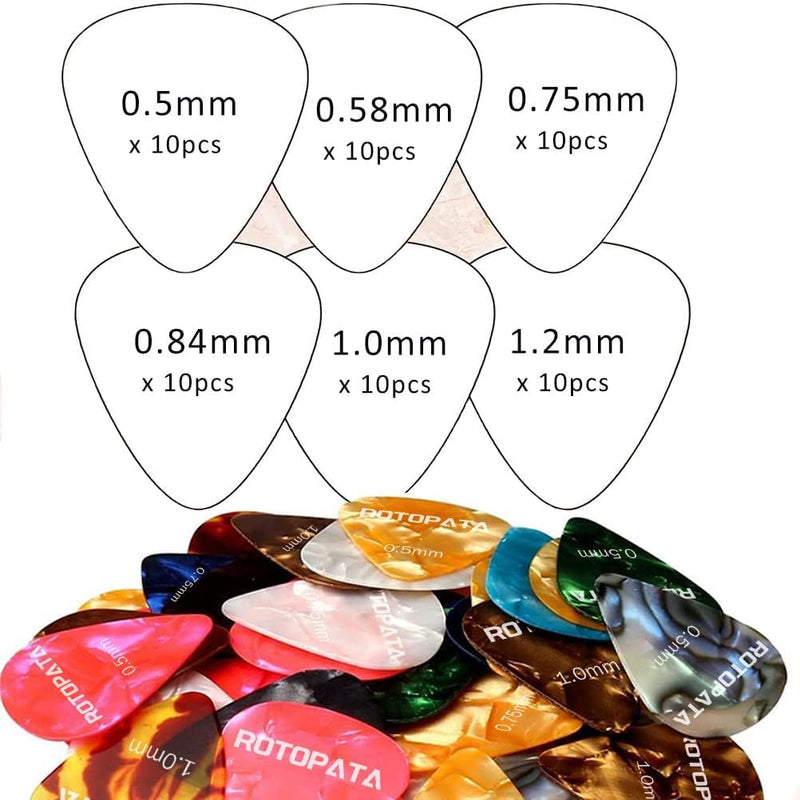 60 Pack Guitar Picks with Organizer Storage Box, 0.5 0.58 0.75 0.84 1.0 1.2mm Includes Thin Medium Heavy Thickness & Variety Colorful Celluloid Plectrums for Bass Electric Acoustic Guitars Ukulele