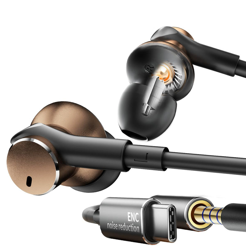 Dynamic Balanced Deep Bass Wired Headphones-Call Noise cancelling Earbuds | Dual-Driver Bass Boost ear bud Wired, In-Ear Noise Isolation-Clear Call and High-Resolution Audio,Noise Cancellation USB C+3.5mm