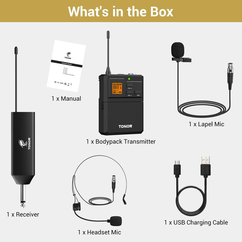 TONOR UHF Wireless Microphone System with Headset Mic/Lavalier Lapel Mic, Bodypack Transmitter, Rechargeable Receiver, 15 Channels 200ft Range 1/4" Output for Recording Live Performance PA Speaker 1 Pack