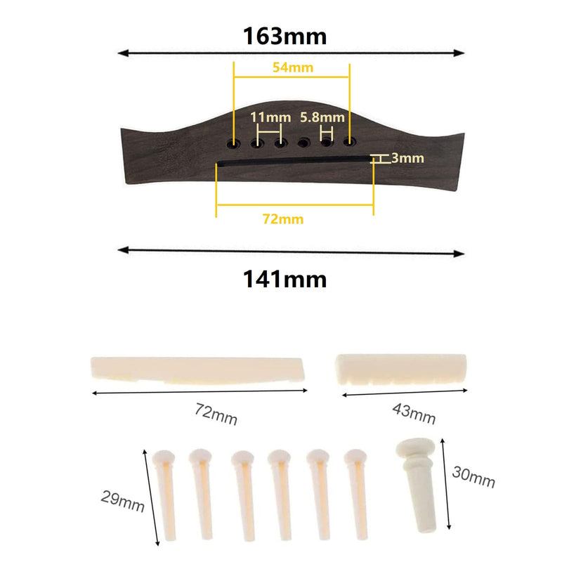 [AUSTRALIA] - Guitar Parts Accessories Set Guitar Rosewood Bridge Pins Saddle Nut Tuning Pegs (3 Left + 3 Right) 6 String Replacement for Acoustic Guitar Silver B 