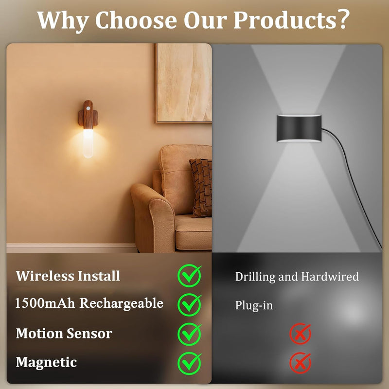 Battery Operated Motion Sensor Wall Sconces Set of 3, Motion Sensor Wall Light Wireless, Magnet Rechargeable LED Lights, Stairs Lights, Decor for Bedroom, Hallway, Living Room, Closet (Walnut Wood) Walnut Wood-3pcs（NEW）