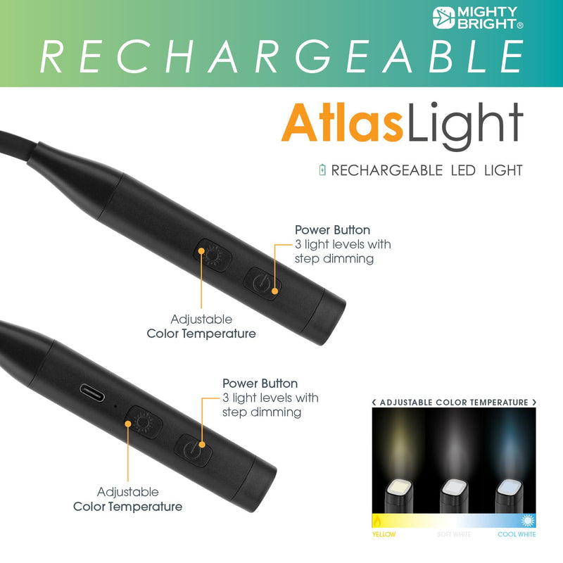 Mighty Bright Atlas Rechargeable Neck Light, 12 LED, 3 Color Temperatures, USB-C Charging Cable Included (Black) Black